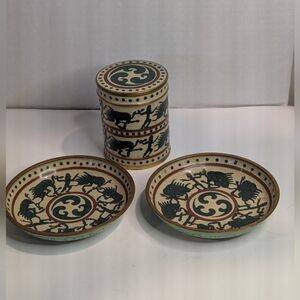 A unique set of 3 vintage cloisonne enameled copper dishes. Mythological